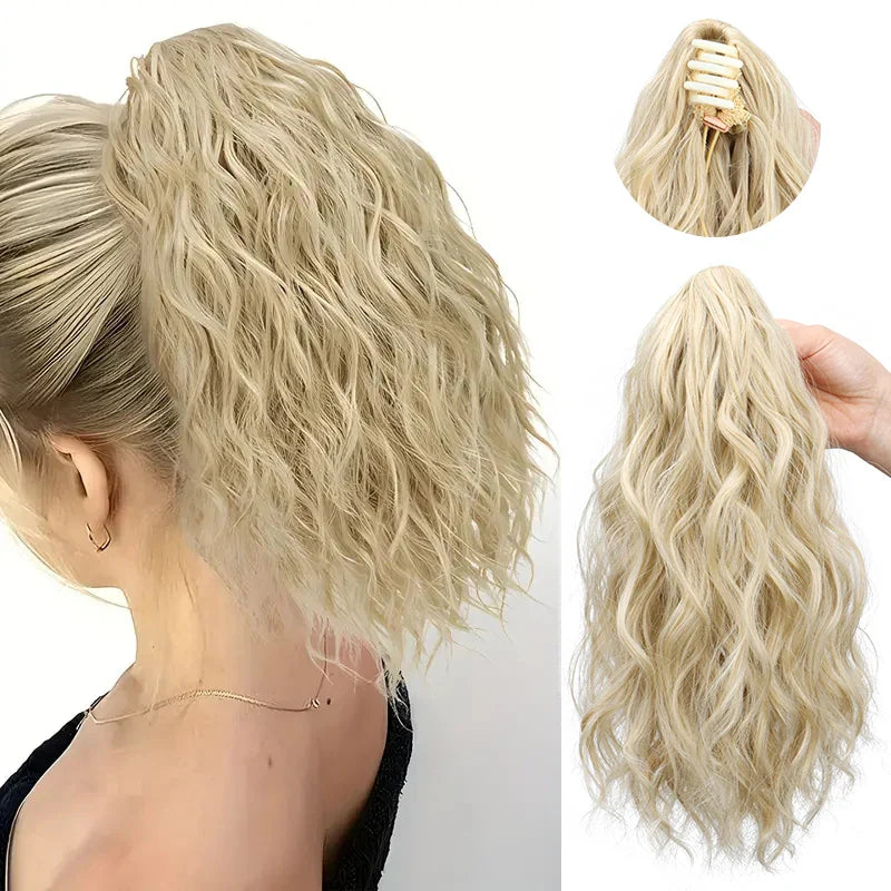 Synthetic Short Curly Water Wave Claw Clip-In Ponytail – Black & Blonde Hair Extension for Women Fashion Accessories