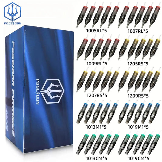 POSEIDON V2 50PCS Mixed Tattoo Cartridge Needles – RL, RS, RM, M1 Disposable Safety Membrane Needles for Professional Tattooing