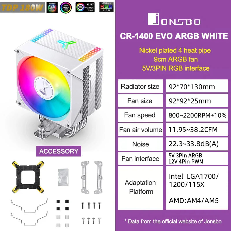 JONSBO CR1400 EVO ARGB CPU Cooler — 4 Heat Pipe PWM Air Cooler for Intel LGA1700/1200/115X & AMD AM4/AM5