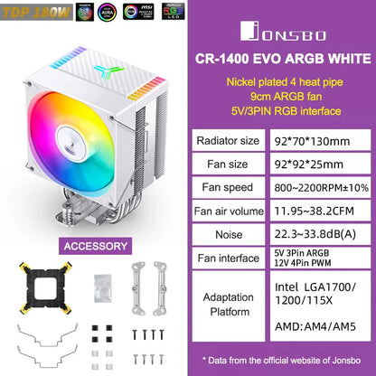 JONSBO CR1400 EVO ARGB CPU Cooler — 4 Heat Pipe PWM Air Cooler for Intel LGA1700/1200/115X & AMD AM4/AM5