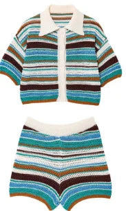 Women Y2K Patchwork Striped Crochet Knit Crop Sweater & Shorts Set – Hollow Out Short Sleeve Polo Collar Outfit