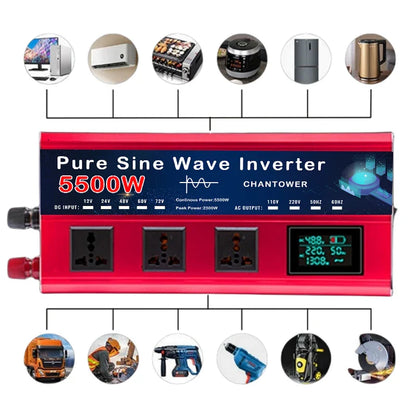 5500W Pure Sine Wave Inverter - DC 12v/24v/48v/60v/72v to AC 110v/220v Voltage Converter for Car & Solar Power