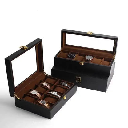 Handmade Wood Watch Box — 6/10/12 Grid Display Case & Jewelry Holder, Organizer for Watches Storage