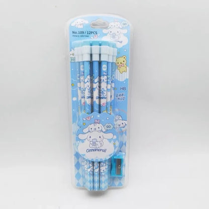 12pcs Sanrio Cinnamoroll & Kuromi Cute Cartoon HB Pencils - Writing & Drawing Stationery Box Set with 12 Pencils & 1 Pencil Roller