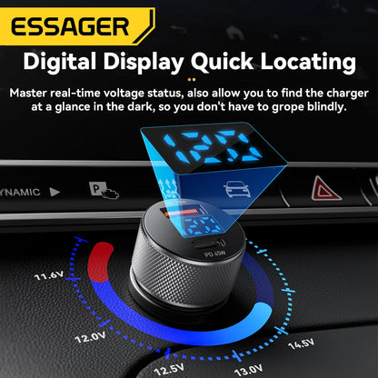 Essager 45W USB-C Car Charger – Dual Port PD 3.0 & QC 3.0 Fast Charging Adapter with Digital Display for iPhone 16/15, Samsung, Xiaomi, Huawei & OPPO Devices