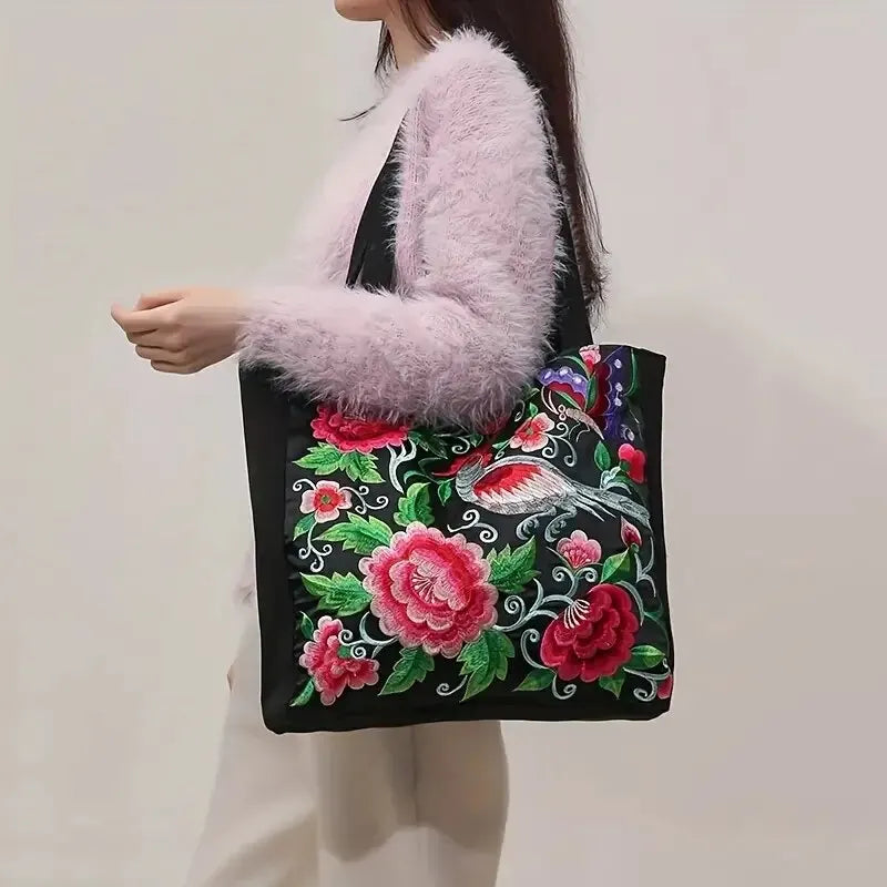 Ethnic Style Flower Embroidery Canvas Tote - Large Capacity Shoulder Bag Handbag for Women