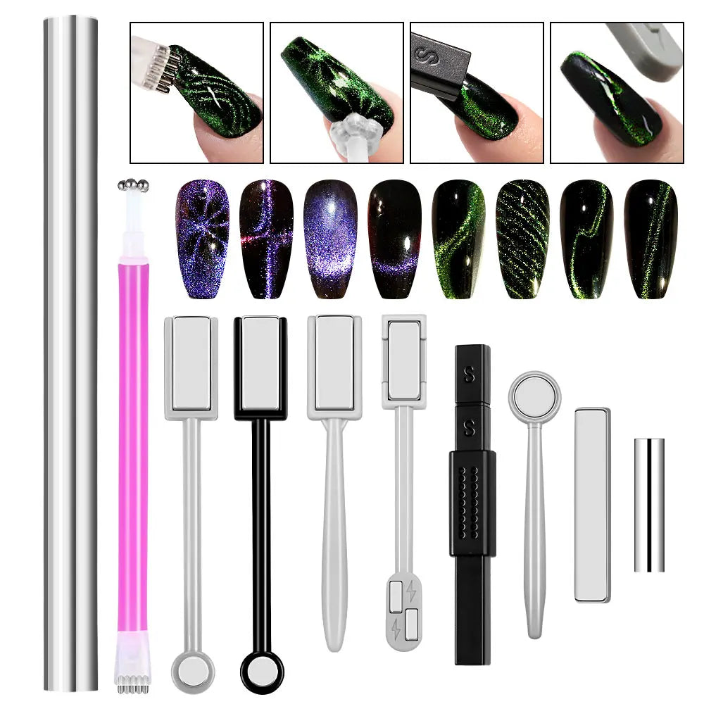 Magnetic Nail Art Wand Set - 3D Cat Eye Gel Polish Magnet Pen for UV Gel Manicure Designs