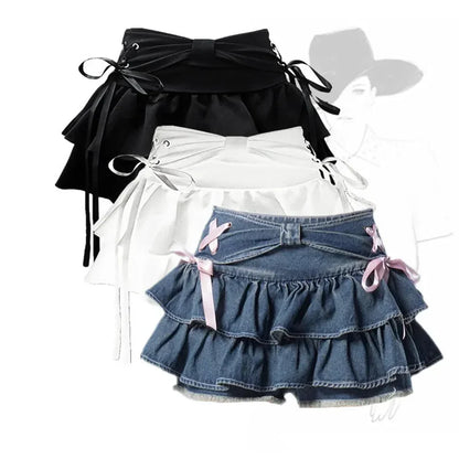 Y2K Kawaii Bow Denim Mini Skirt — Women’s Vintage A-Line Gothic Streetwear Summer Outfit