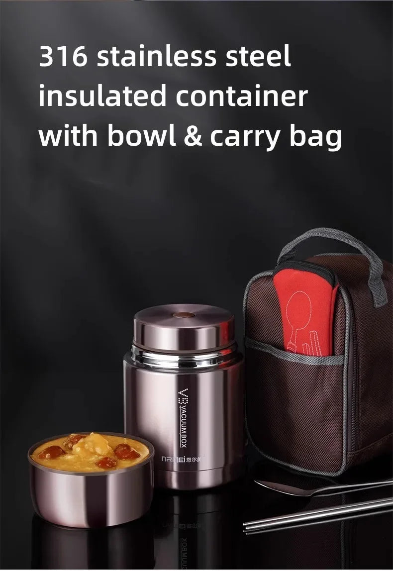 600/800/1000ml Stainless Steel Food Thermos — 316 Vacuum Insulated Lunch Jar with Spoon & Carry Bag for Kids