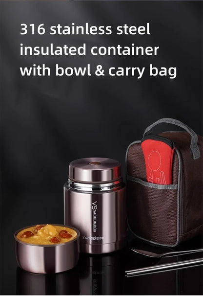 600/800/1000ml Stainless Steel Food Thermos — 316 Vacuum Insulated Lunch Jar with Spoon & Carry Bag for Kids