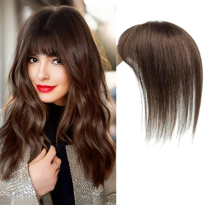 Straight Ombre Brown Remy Human Hair Topper – 100% Silk Base Clip-in Wig with Bangs, Hair Extension for Women