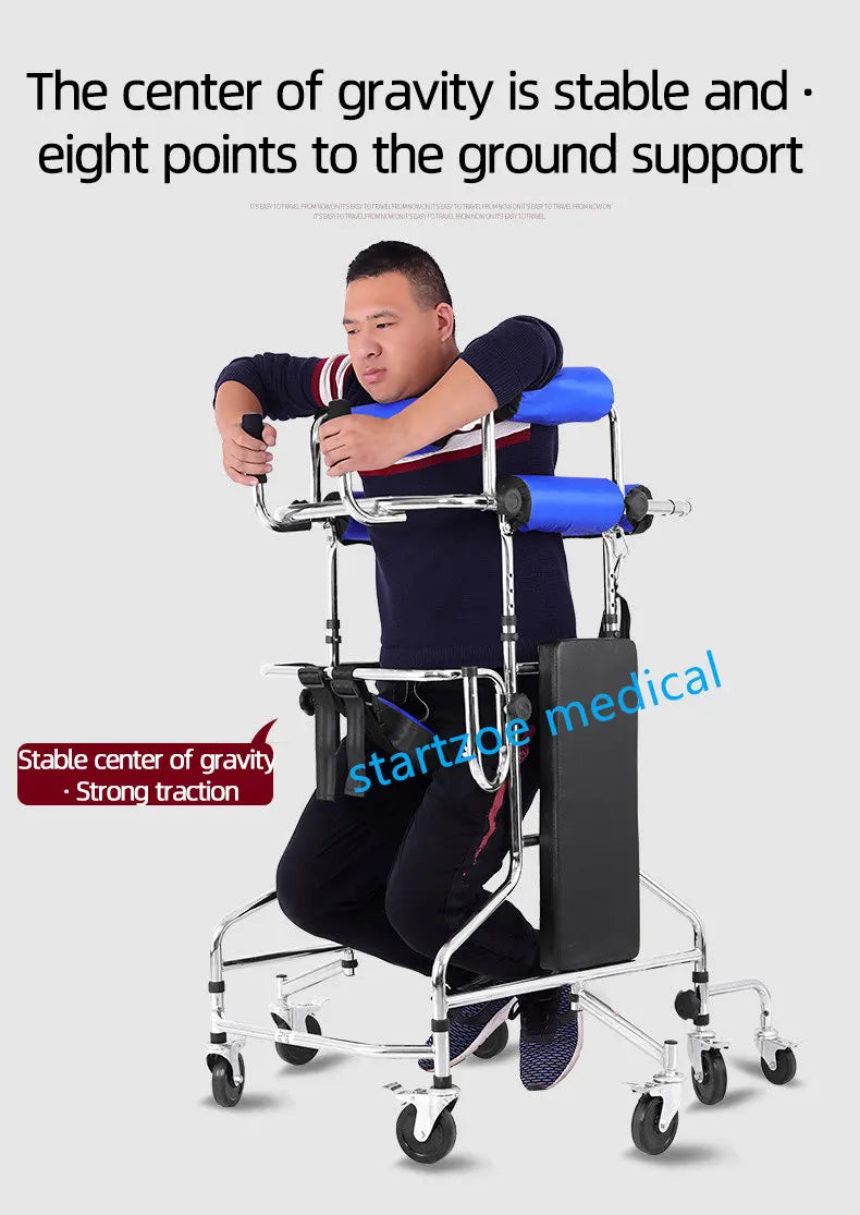 Upright Rollator Walker – 8-Wheel Anti-Tilt Stand-Up Walker with Seat, Hemiplegia Mobility Support Frame