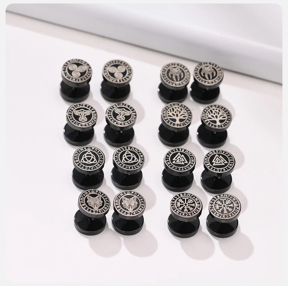 Vnox Men's Viking Black Stud Earrings - Vegvisir & Norse Valknut, Cool Punk Stainless Steel Set