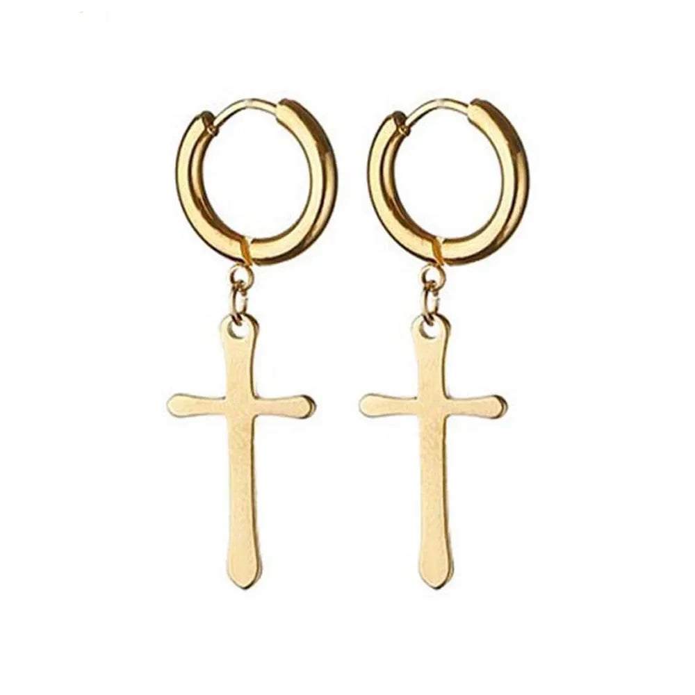 Gold Cross Huggie Hoop Earrings - Minimalist Dangle Charm Jewelry for Men & Women