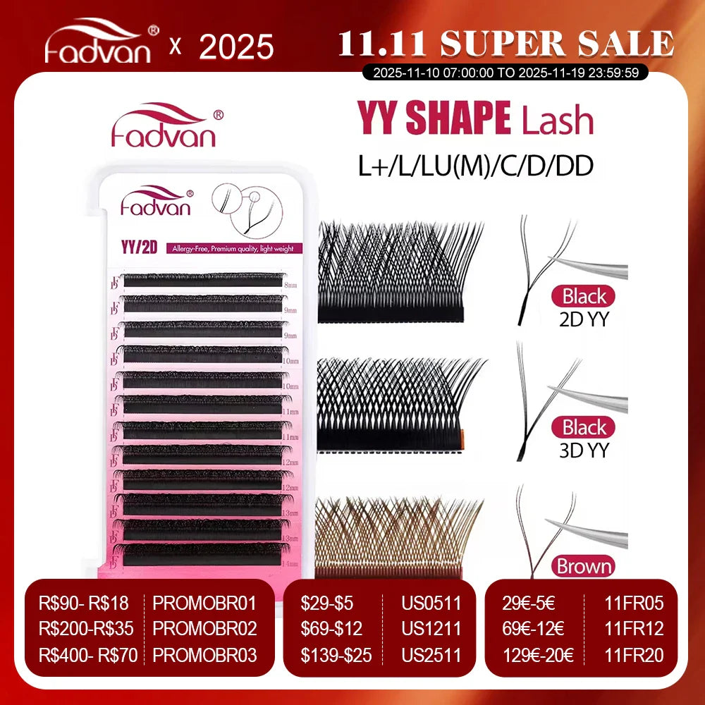 FADVAN YY Shape Eyelash Extensions – 2D/3D Faux Mink Premade Fan Lashes 8-15mm, Black & Brown, L+/L/LU(M)/C/D/DD Split Tip