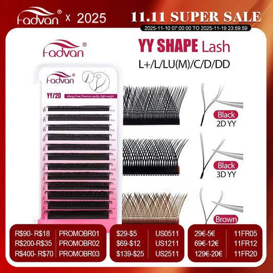 FADVAN YY Shape Eyelash Extensions – 2D/3D Faux Mink Premade Fan Lashes 8-15mm, Black & Brown, L+/L/LU(M)/C/D/DD Split Tip