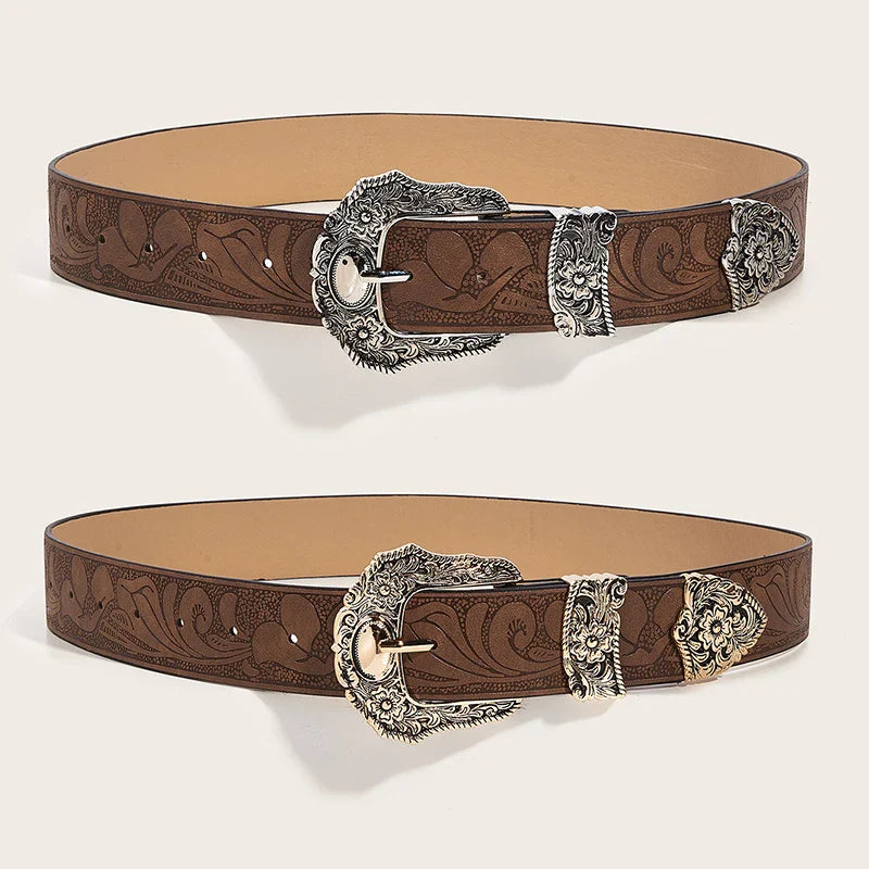 Western Brown PU Leather Vintage Belt for Women — Cowgirl Waist Belt with Metal Carved Buckle, 3-Set Designer Belts for Jeans