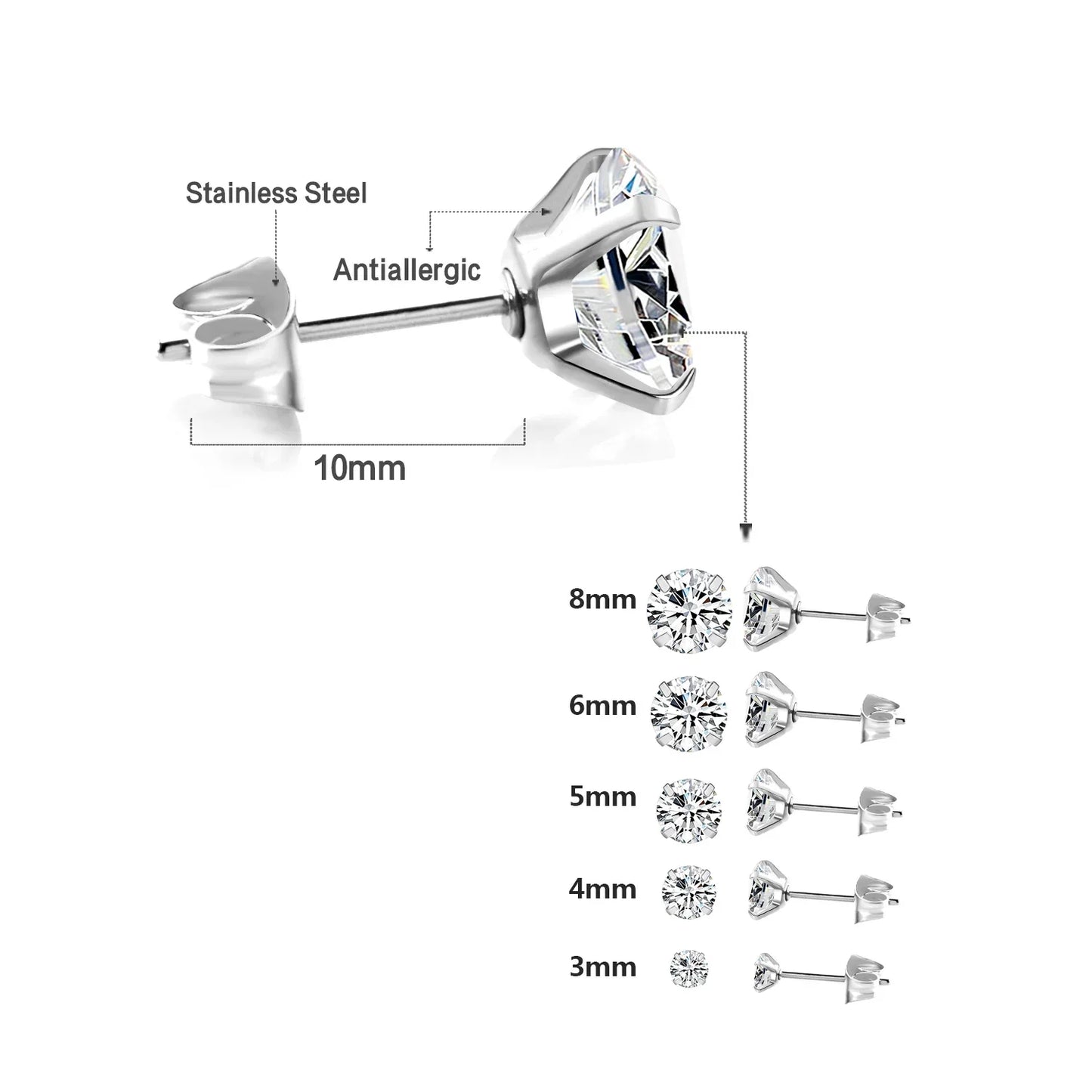 LUXUSTEEL Stainless Steel Crystal Stud Earrings –  4-Prong Cubic Zirconia Round Tragus Earrings for Women & Men