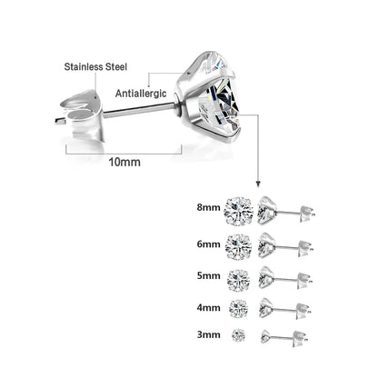 LUXUSTEEL Stainless Steel Crystal Stud Earrings –  4-Prong Cubic Zirconia Round Tragus Earrings for Women & Men