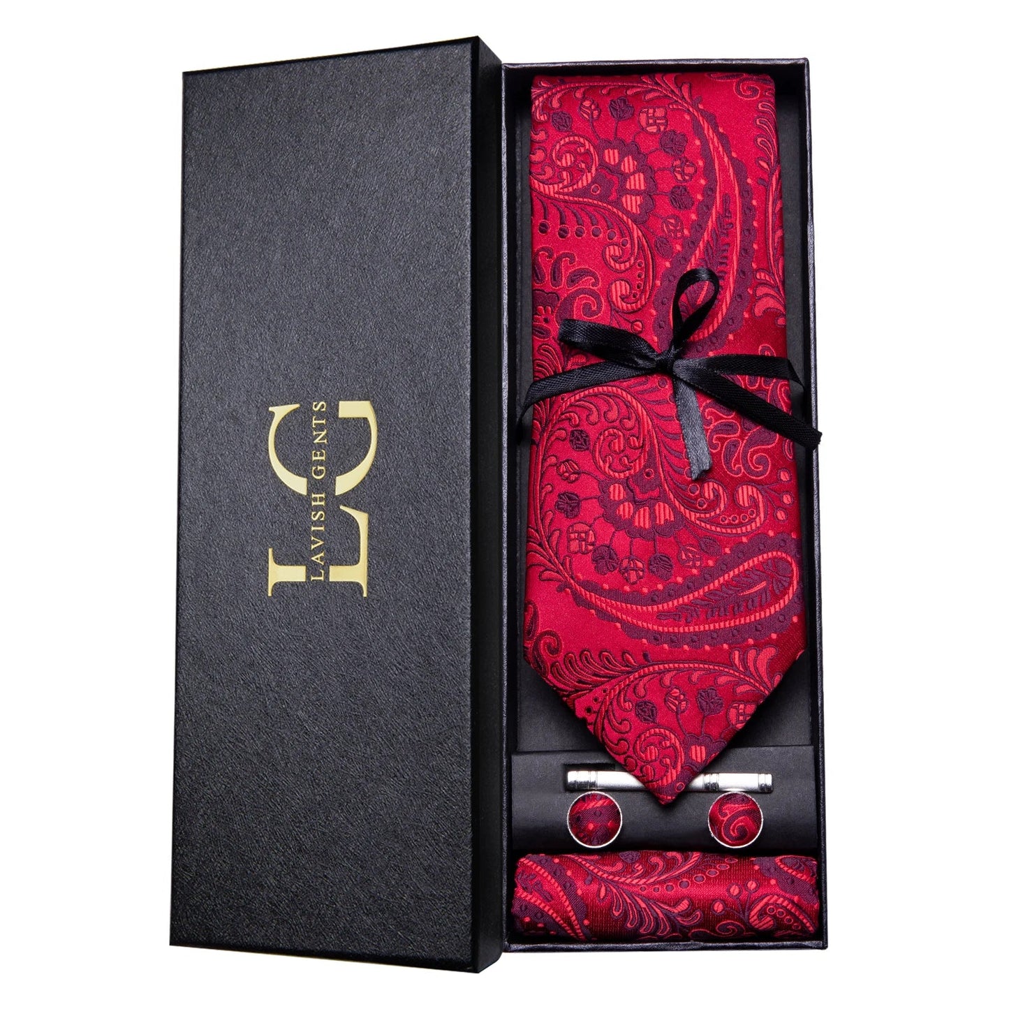 Hi-Tie Luxury Paisley Teal Green Tie Set - Men’s Classic Necktie with Handkerchief & Cufflinks Gift Box for Wedding & Formal Wear