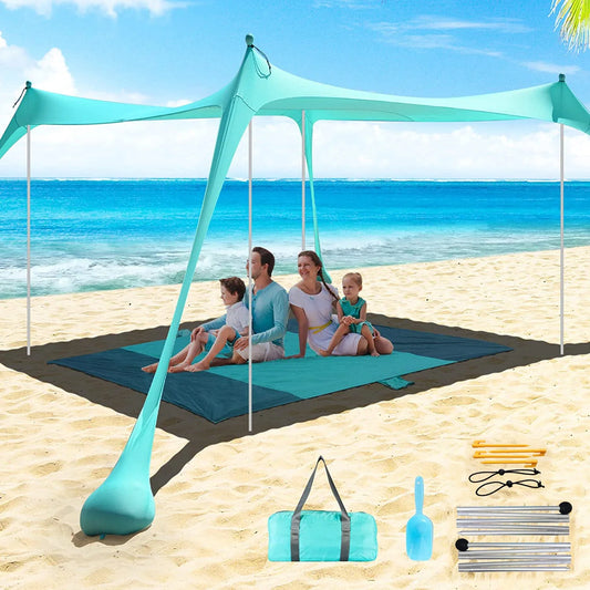 Family Beach Canopy – Large UPF50+ Sunshade Tent with Stability Poles for Beach, Camping, Parties & Picnics