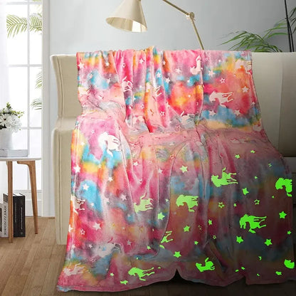 Luminous Unicorn & Dinosaur Plush Blanket – Glow-in-the-Dark Soft Flannel Throw for Boys & Girls, Christmas Gift