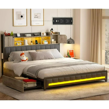 Queen Bed Frame with 4 Storage Drawers – Upholstered LED Bed with Bookcase Headboard, Type-C & USB Charging Station