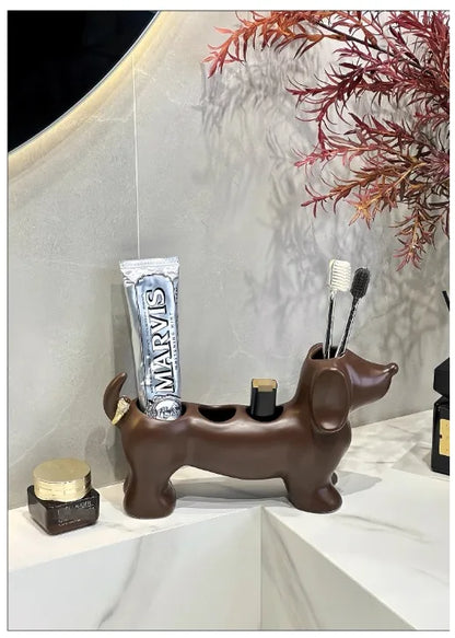 Dachshund Ceramic Toothbrush Holder – Electric Toothbrush Storage Rack and Bathroom Sink Organizer with Toothpaste Holder