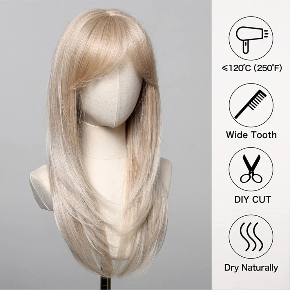 ALAN EATON Blonde Layered Synthetic Wig with Bangs – Long Straight Heat-Resistant Wig for Women & Girls, Natural Daily Hair