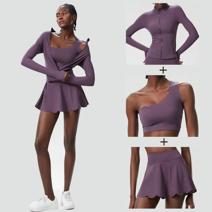 3-Piece Women’s Fitness Yoga Set – Breathable Quick-Dry Gym & Running Sportswear with Tennis Skirt