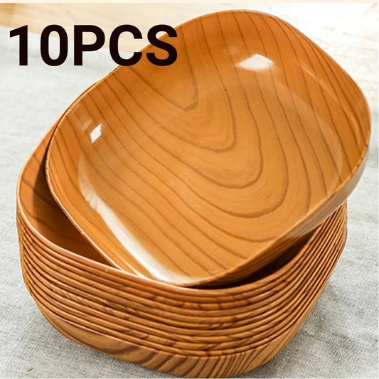 10-Piece Japanese-Style Plastic Dish Set – Multifunctional Wood-Grain Imitation Bowls, Food-Grade Fruit & Household Plates