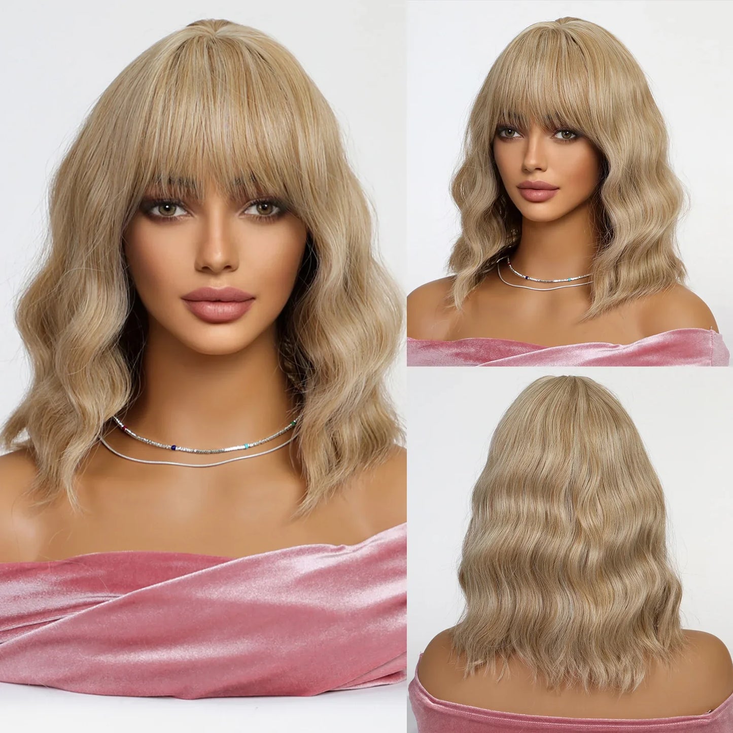 CharmSource Pink BOBO Short Synthetic Wig – Natural Wavy Heat Resistant Hair Wig for Women, Party & Daily Wear