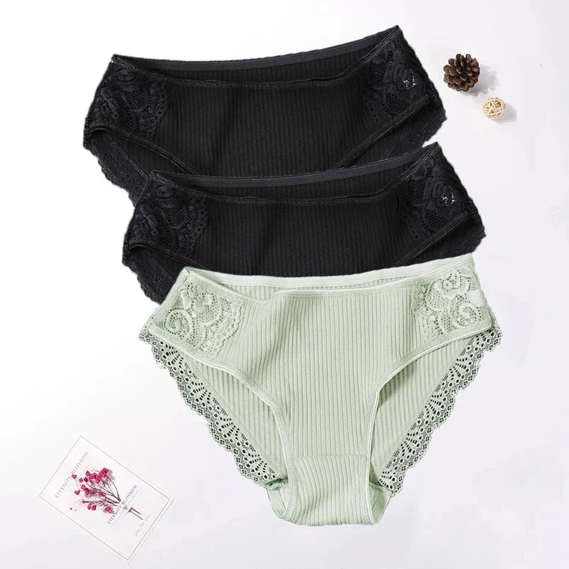 Floral Lace Cotton Women’s Panties - Comfortable Briefs, Solid Color Underwear, 3PCS/Set, Sizes M-XXL