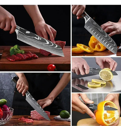 Laser Damascus Kitchen Knife Set – Cleaver, Meat, Fruit, Bread, Boning Knife and Chicken Scissors for Barbecue and Home Cooking