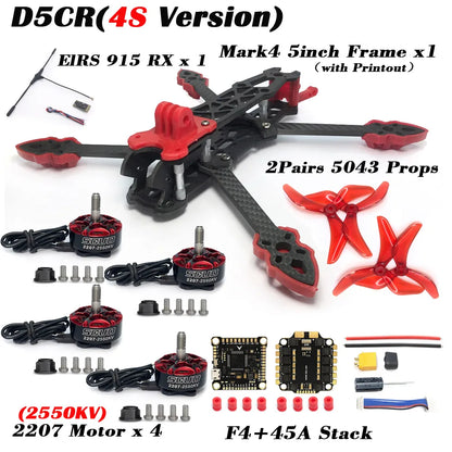 Mark4 5-Inch D5/D5C FPV Carbon Fiber Frame – 5mm Arm, 5043 Propeller, F4V3S FC, 45A ESC Stack & ELRS 915MHz Drone Kit