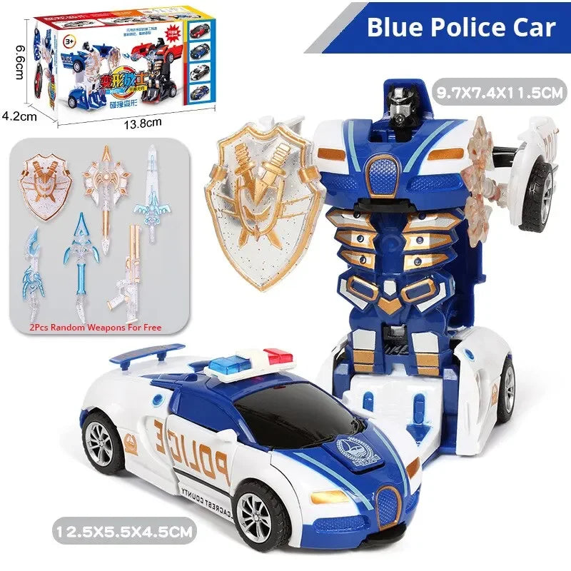 Blue Children's Police Car Toy – One-Button Deformation Car, Inertia Impact for Boys