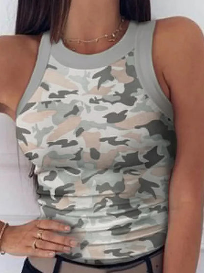Women’s Summer Elastic Racerback Tank Top – O-Neck Stripe Print Sleeveless Basic Digital Print Sexy Casual T-Shirt