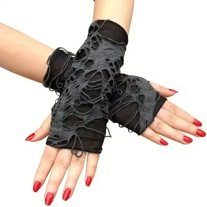 Unisex Gothic Fingerless Gloves – Tear Design Stretchy Punk Fashion Gloves for Party Wear, Durable & Stylish Street Accessories