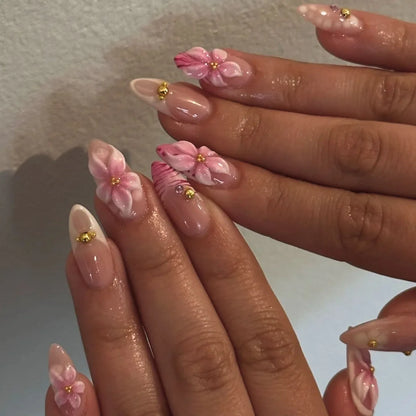 24PCS Strawberry Bow Press On Nails - Red Short Almond Pearl Starlight Floral False Nail Art Tips