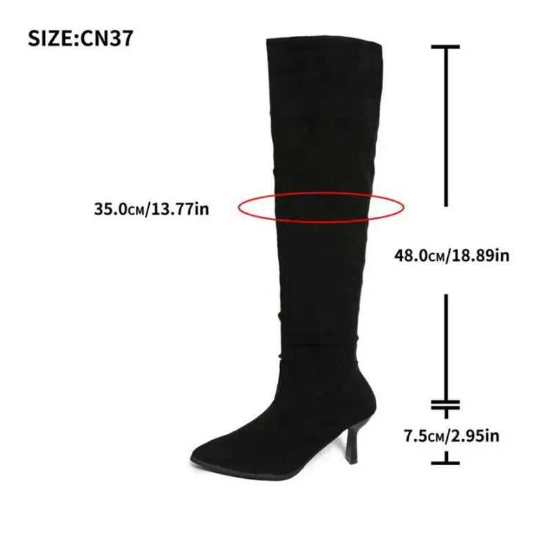 2025 Women’s Retro Black Suede Knee-High Boots – Pointed Toe, High Heel, Plus Size