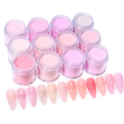 12-Color Nude Pink 3-in-1 Professional Acrylic Powder Set - 12 Jars for Dip & Acrylic Nail Extensions, Structure & Dust, 10g Each