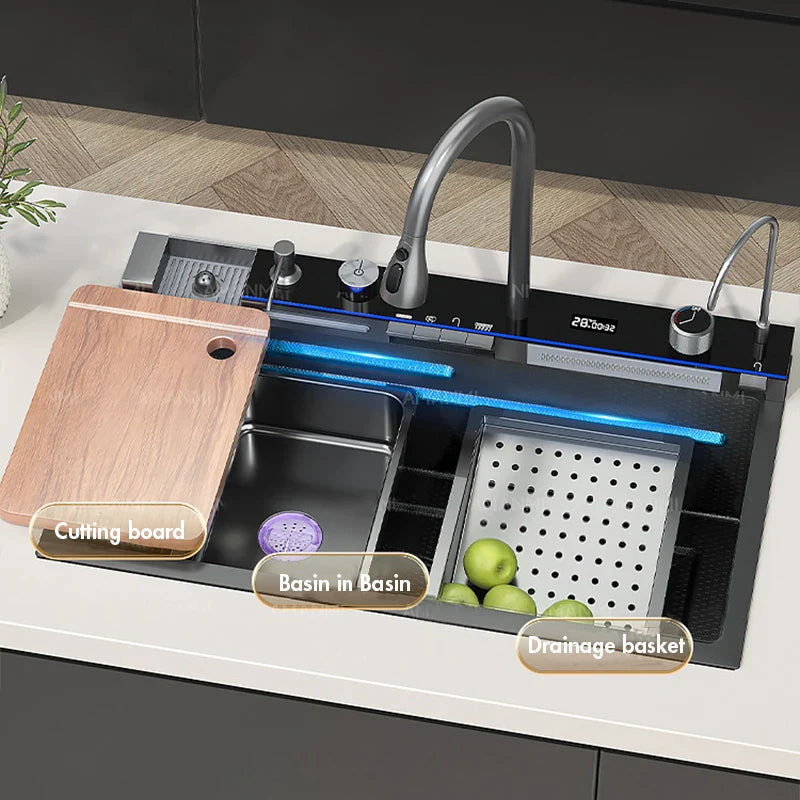 304 Stainless Steel Waterfall Kitchen Sink – Large Single Slot with Digital Display Faucet, Soap Dispenser and Cup Washer Set