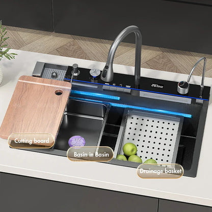 304 Stainless Steel Waterfall Kitchen Sink – Large Single Slot with Digital Display Faucet, Soap Dispenser and Cup Washer Set