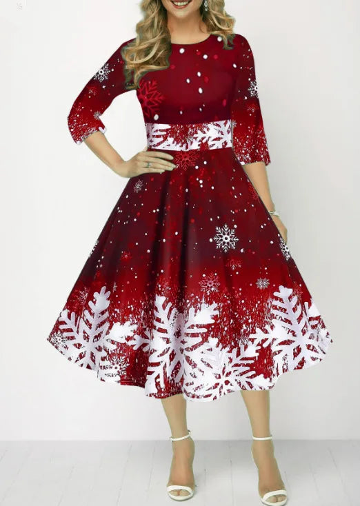 Women’s Winter Christmas Dress – Vintage Swing Robe with Half Sleeves, Elegant Casual Print Party Dress