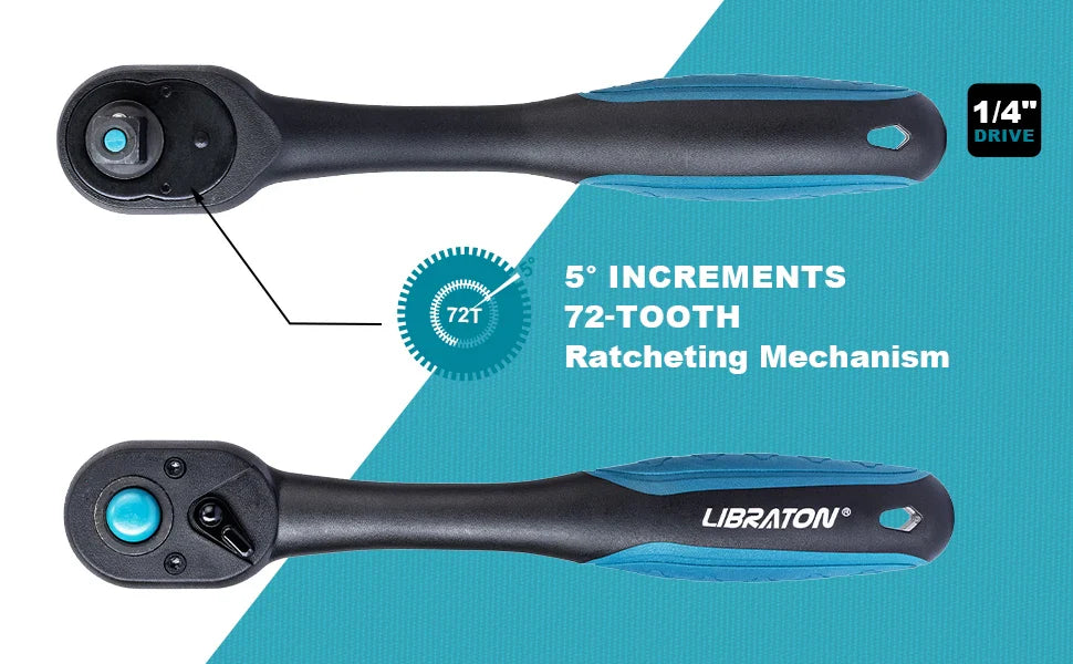 Libraton 1/4 Inch Ratchet Handle – Teardrop Head, Quick-Release, Comfort Grip, 1-Pack