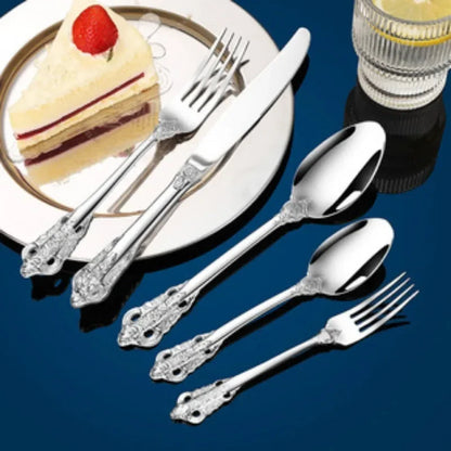 Premium 304 Stainless Steel Gold Cutlery Set - Vintage Western Dinnerware with Luxury Engraving - Forks, Knives, Spoons - Silverware