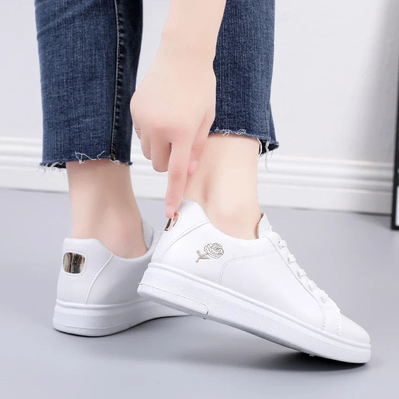 Women’s White Embroidered Sneakers - Breathable PU Leather Casual Lace-Up Shoes