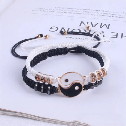 Couple Tai Chi Bracelet Set – Black & White Adjustable Rope Chain Jewelry for Daily Wear, Simple Style