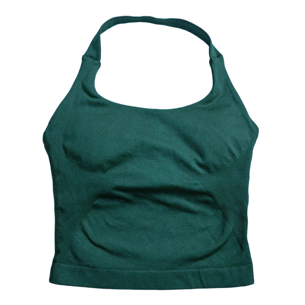 Women’s Strappy Gym Tank Top – Padded Sports Bra Backless Seamless Yoga Crop Top Halter Fitness Vest Activewear