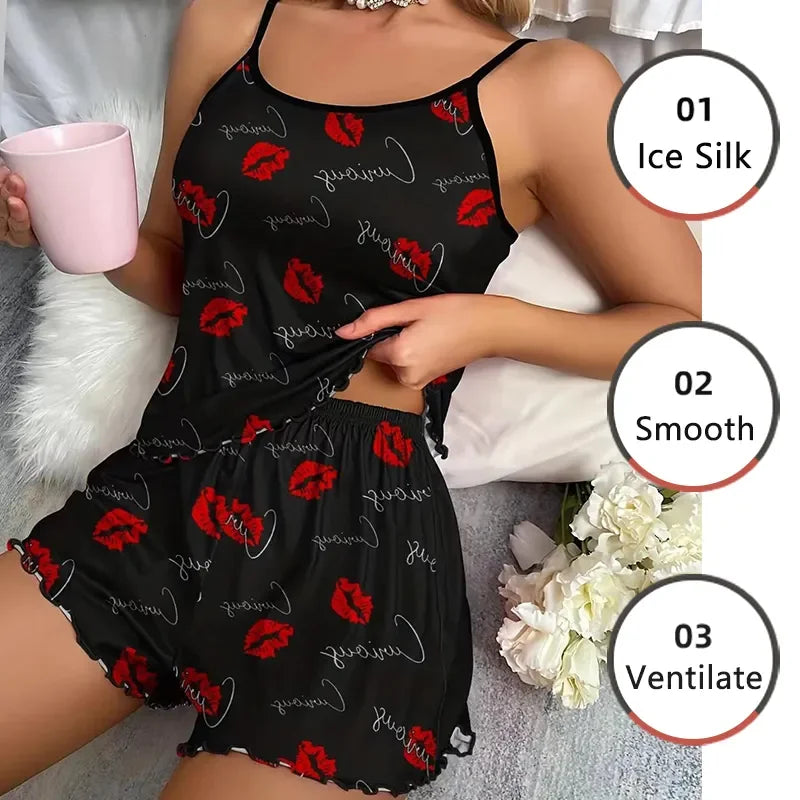 Women's Pajama Set: Camisole and Shorts with Red Lip Print - Ice Silk Comfort for Casual Comfort Sleepwear